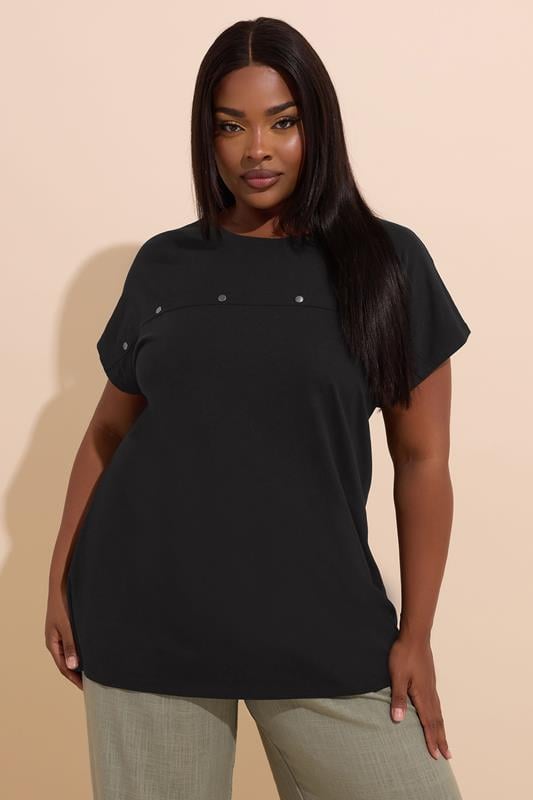 YOURS Plus Size Black Cotton Stud Detail T-Shirt | Yours Clothing 1