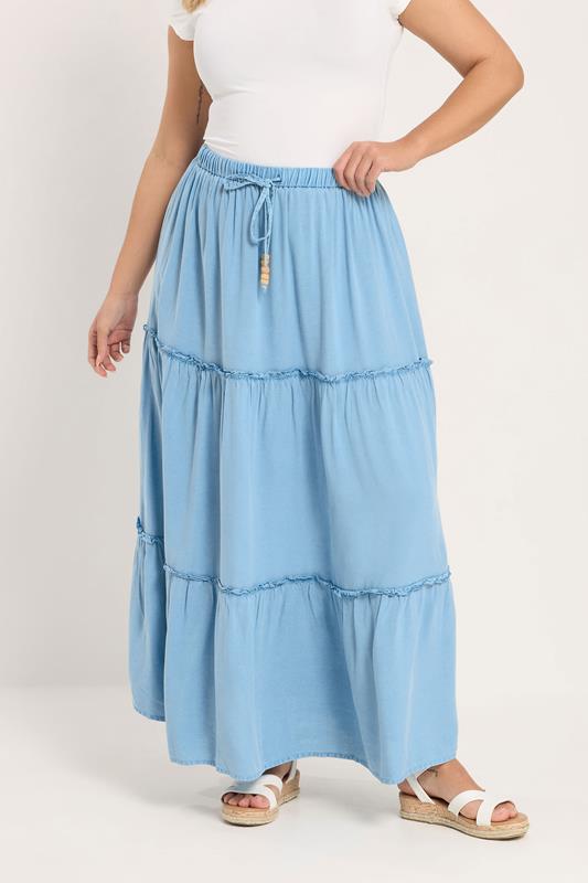 YOURS Curve Blue Chambray Tiered Maxi Skirt