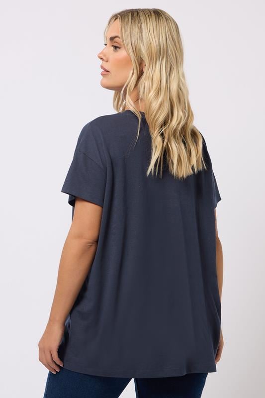 YOURS Plus Size Navy Blue Floral Heart Embroidered T-Shirt | Yours Clothing 2