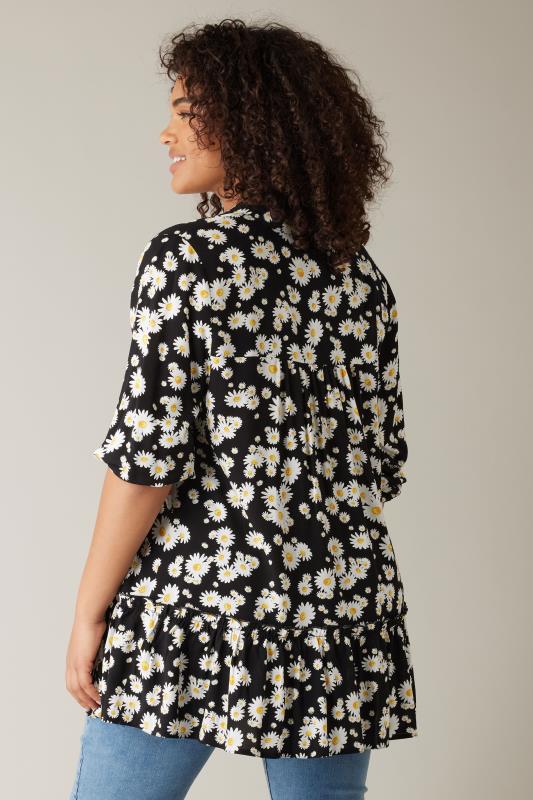 EVANS Plus Size Black Daisy Print Frill Hem Tunic Top | Evans 2