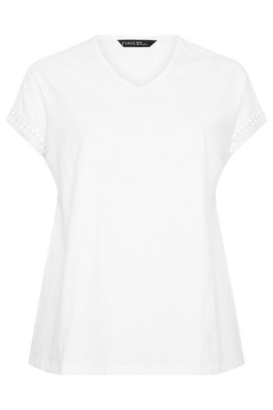 EVANS Plus Size White Crochet Trim Cotton V Neck T-Shirt | Evans 5