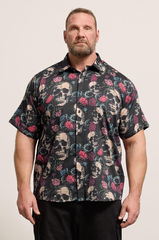KAM Big & Tall Black Floral Skull Print Shirt