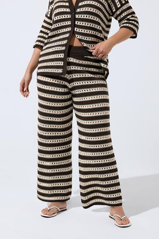 LIMITED COLLECTION Plus Size Chocolate Brown Stripe Crochet Wide Leg Trousers | Yours Clothing 1
