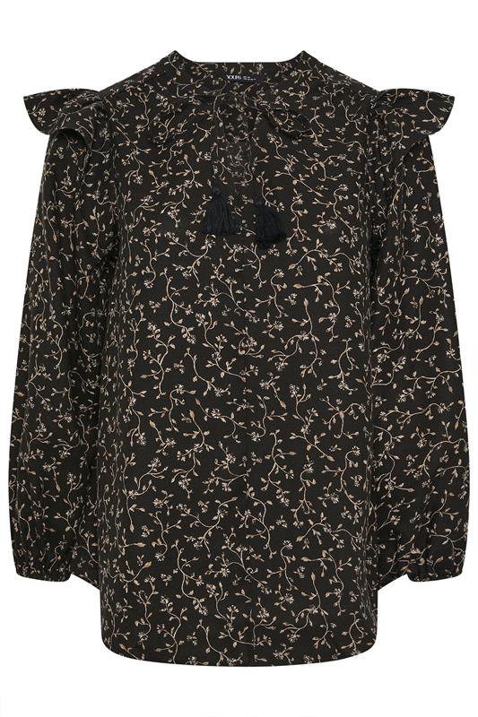 YOURS Plus Size Black Leaf Print Frill Top | Yours Clothing 5