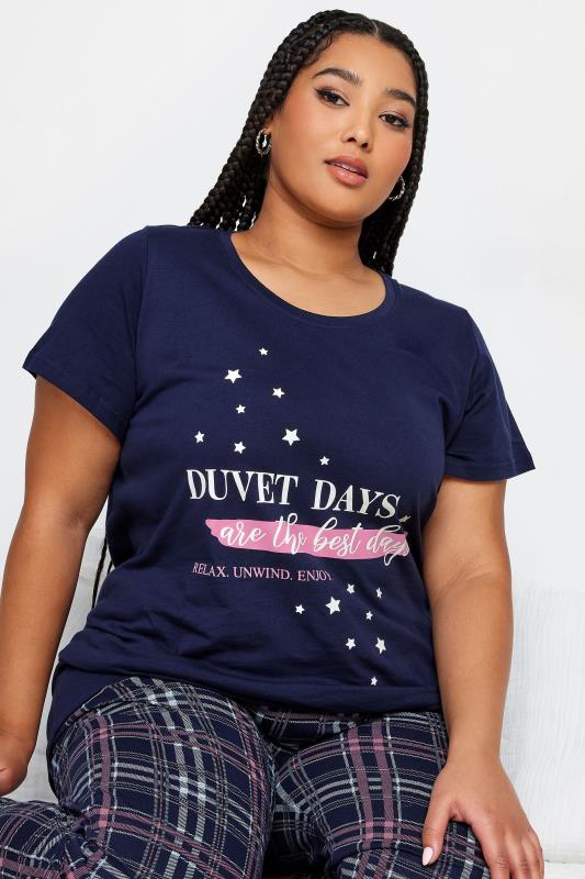 YOURS Plus Size Navy Blue 'Duvet Days' Slogan Check Print Pyjama Set | Yours Clothing 4