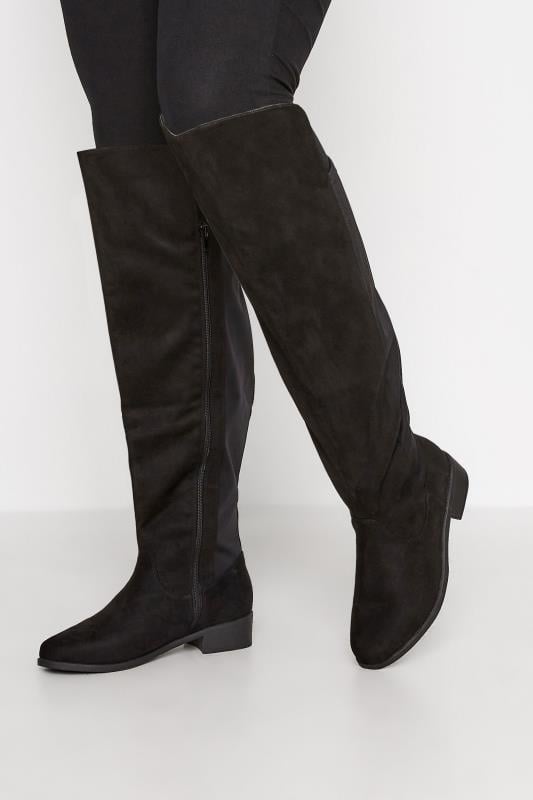 Plus Size  Yours Black Faux Suede Stretch Over The Knee Boots In Wide E Fit & Extra Wide EEE Fit