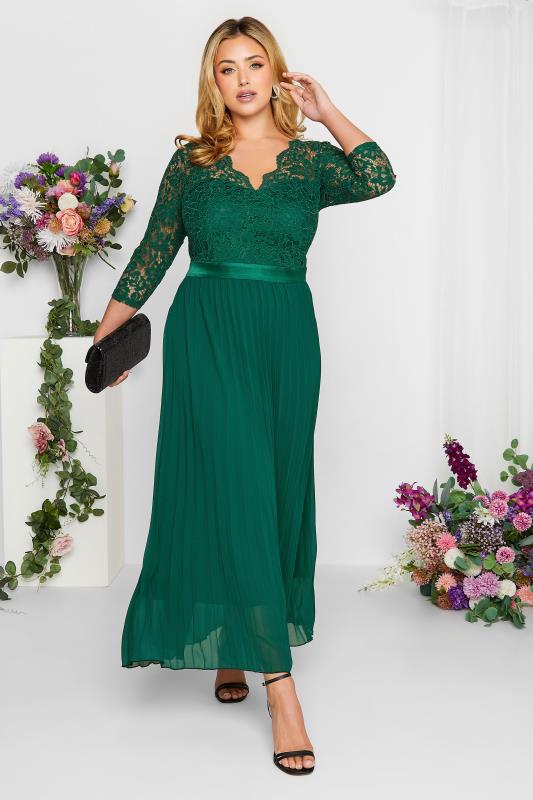 Plus Size YOURS LONDON Forest Green Lace Pleated Maxi Dress | Yours Clothing  1