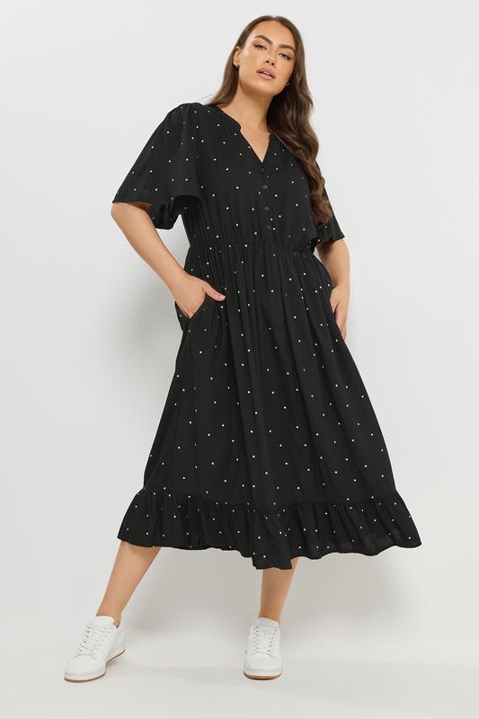YOURS Curve Black Polka Dot Placket Dress