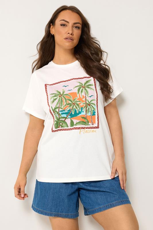 YOURS Plus Size White 'Hawaii' Tropical Graphic Print T-Shirt | Yours Clothing 1