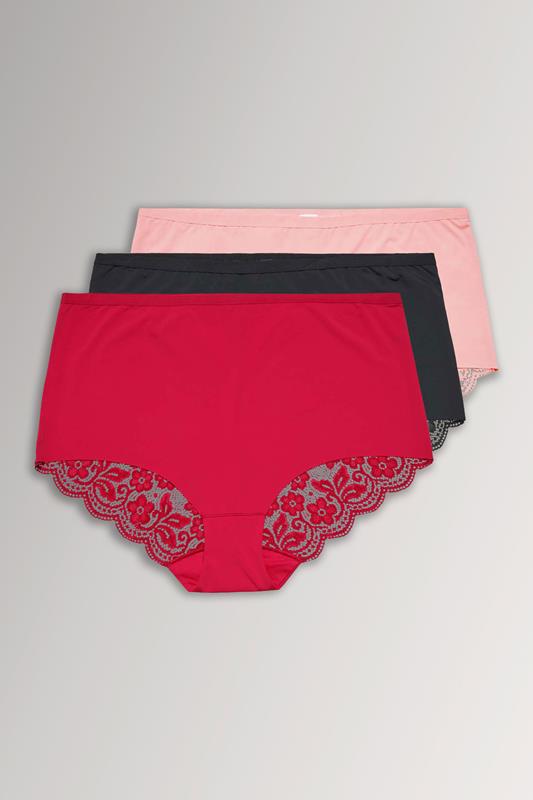 YOURSET 3 PACK Curve Red & Black Lace Back High Waisted Knickers