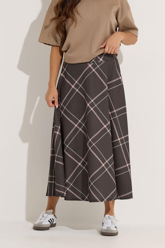 PixieGirl Petite Women's Chocolate Brown & Pink Check Midi Skirt | PixieGirl 1