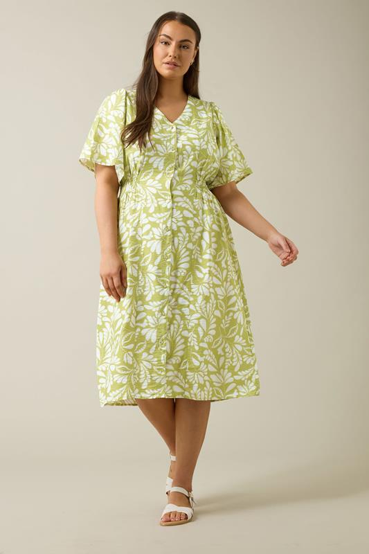EVANS Plus Size Chartreuse Green Leaf Print Midi Dress | Evans  2