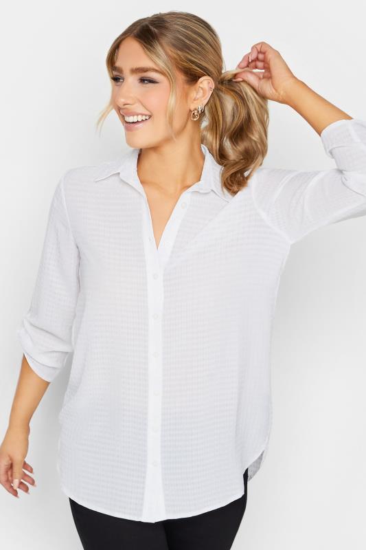 Women's  M&Co Ivory White Dobby Check Tab Sleeve Shirt