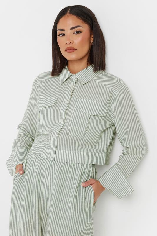  PixieGirl Petite Green Linen Striped Pocket Shirt