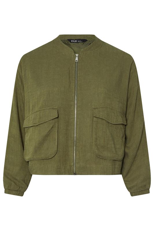 YOURS Plus Size Khaki Green Linen Bomber Jacket | Yours Clothing 6