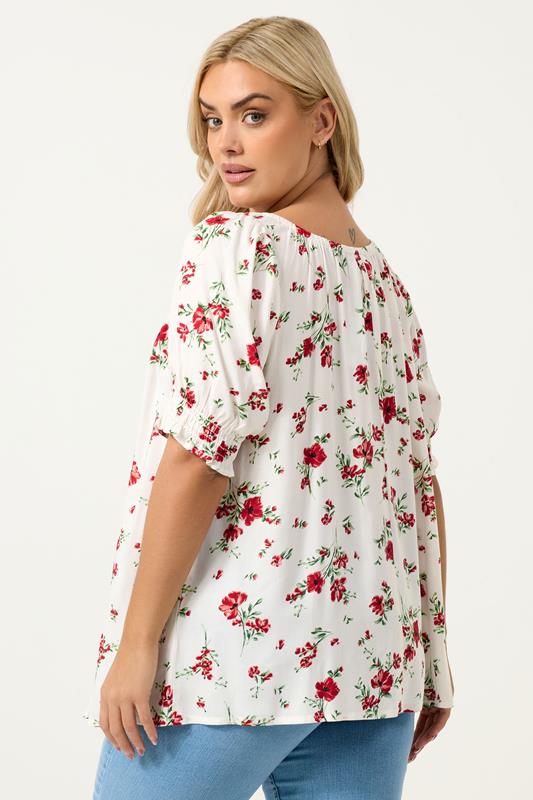 YOURS Plus Size White Floral Print Tie Neck Top | Yours Clothing 2
