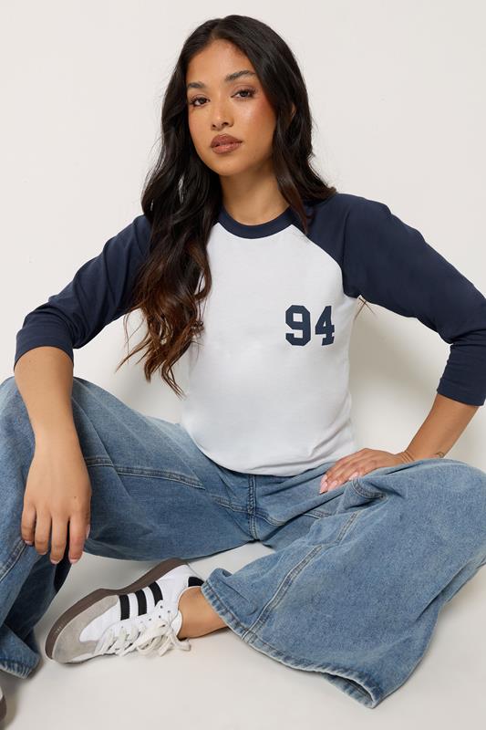 PixieGirl Petite Women's Navy Blue '94' Slogan Cotton Raglan T-Shirt | PixieGirl 1