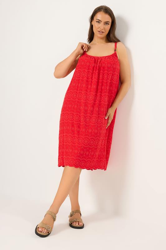 YOURS Curve Red Broderie Anglaise Beach Dress