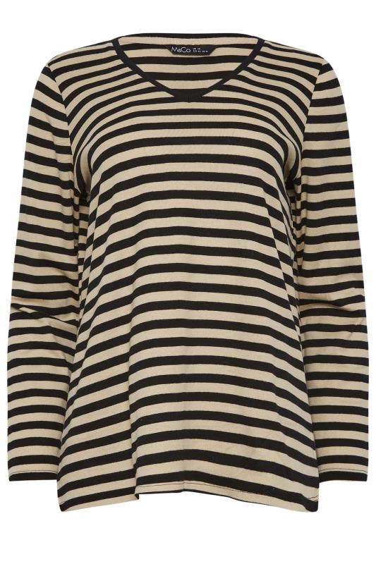 M&Co Beige Brown Stripe V-Neck Cotton Long Sleeve T-Shirt | M&Co