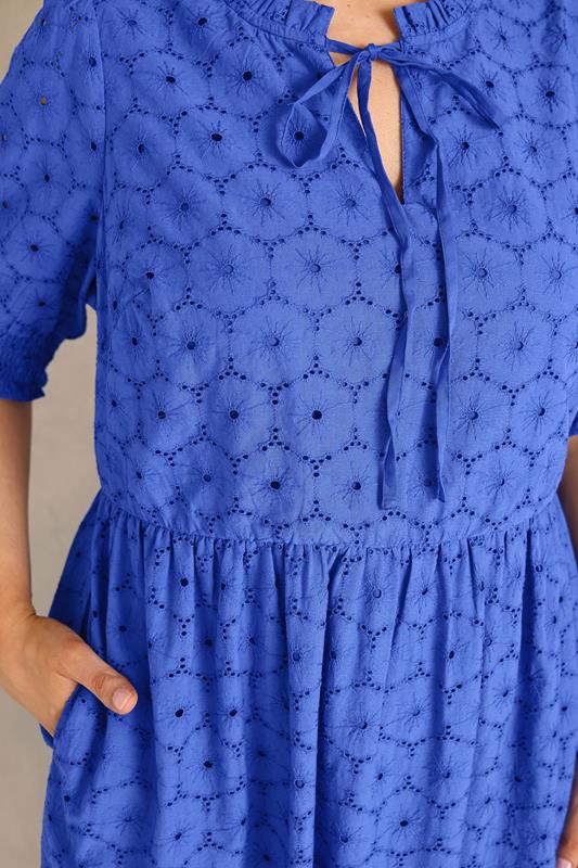 EVANS Plus Size Blue Tie Neck Broderie Cotton Maxi Dress | Evans 4