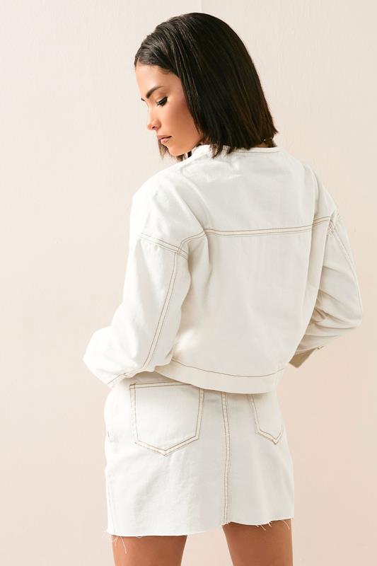 PixieGirl Petite Women's Cream Denim Contrast Stitch Collarless Jacket | PixieGirl 2