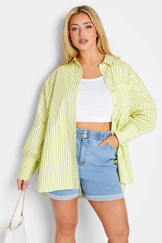 YOURS Plus Size Lime Green Stripe Poplin Oversized Shirt| Yours Clothing 2