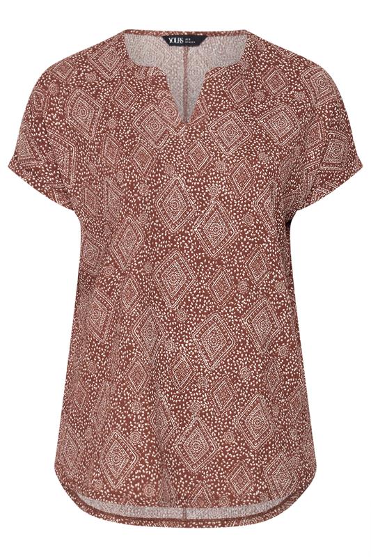 YOURS Plus Size Burnt Orange Diamond Print Notch Neck Top | Yours Clothing 5