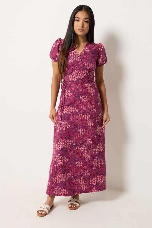  M&Co Petite Berry Red Abstract Maxi Wrap Dress