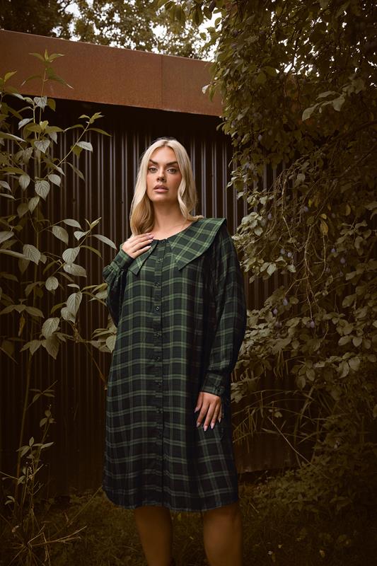 YOURS Plus Size Khaki Green Check Collar Mini Dress | Yours Clothing 1