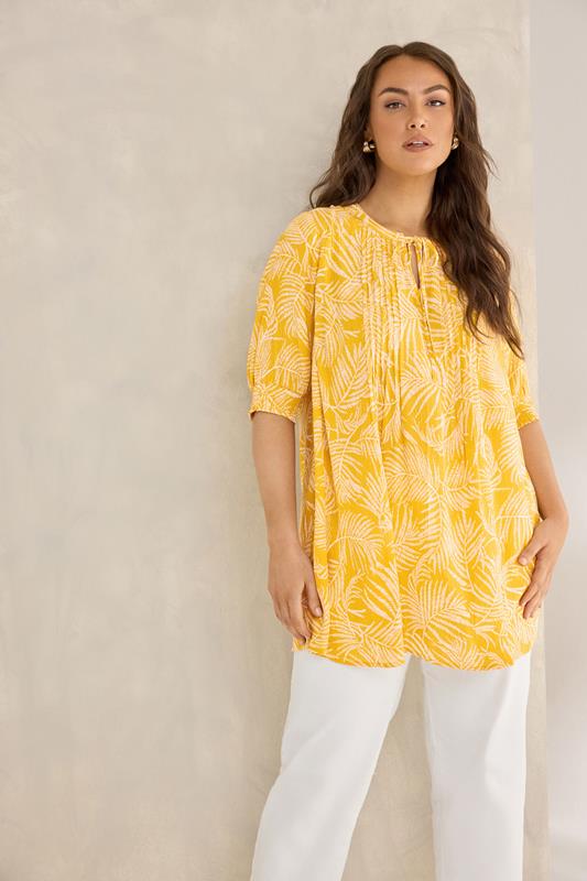 EVANS Curve Yellow Pintuck Tie Neck Blouse