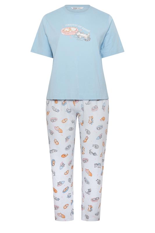 YOURS Plus Size Blue 'Currently Cat Napping' Slogan Wide Leg Pyjama Set | Yours Clothing 5