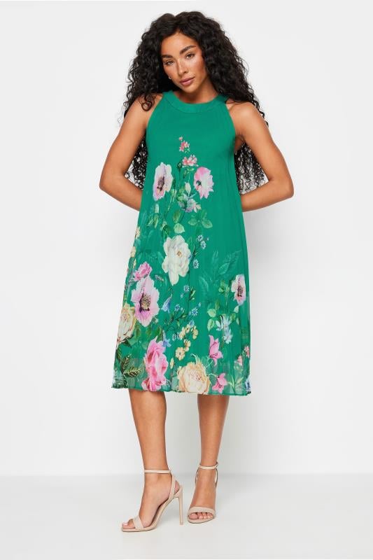 Women's  M&Co Petite Green Floral Print Pleated Dress