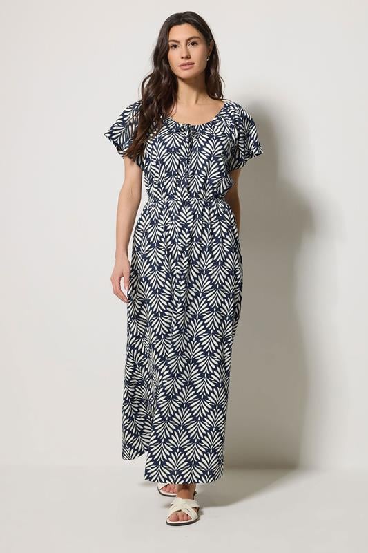  M&Co Navy Blue Leaf Print Tie Neck Cotton Maxi Dress