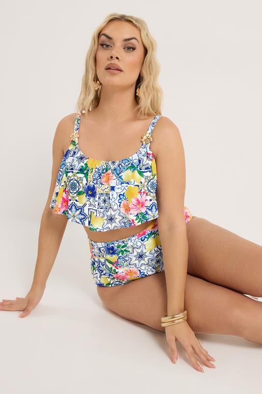 YOURS Curve Blue Mediterranean Tile Frill Bikini Top