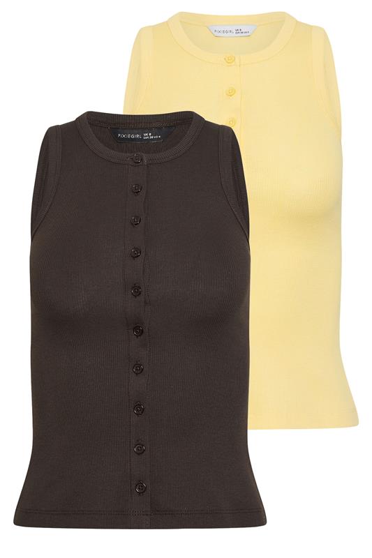 PixieGirl Petite 2 PACK Women's Chocolate Brown & Yellow Ribbed Cotton Vest Top | PixieGirl 8