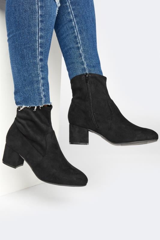 Plus Size  Yours Black Faux Suede Stretch Block Heeled Sock Boots In Wide E Fit & Extra Wide EEE Fit
