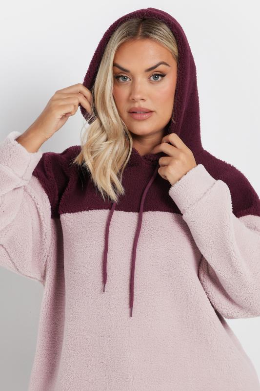 YOURS Plus Size Pink Colour Block Teddy Fleece Hoodie | Yours Clothing 4