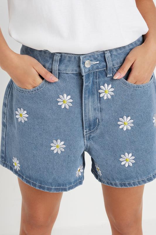 PixieGirl Petite Women's Blue Denim Daisy Embroidered Shorts | PixieGirl 5