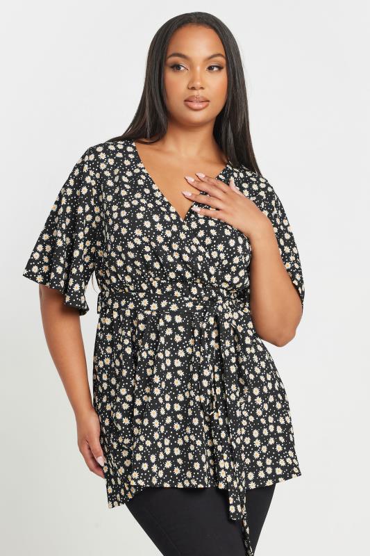 YOURS Plus Size Black Textured Floral Print Wrap Top | Yours Clothing 1