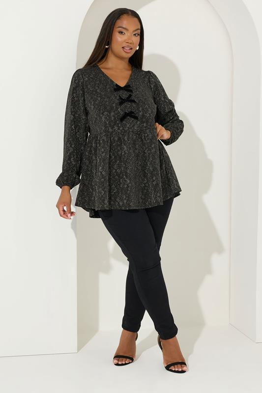 YOURS Plus Size Gold Floral Jacquard Bow Front Top | Yours Clothing 2