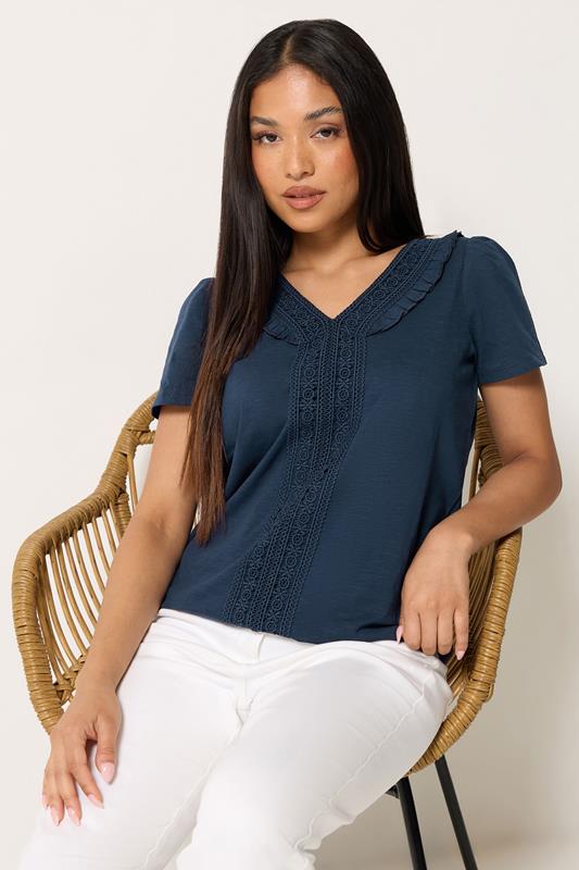  M&Co Petite Navy Blue Short Sleeve Frill Cotton Blouse