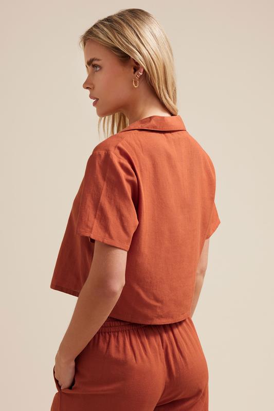 PixieGirl Petite Women's Rust Orange Linen Cropped Short Sleeve Shirt | PixieGirl 2