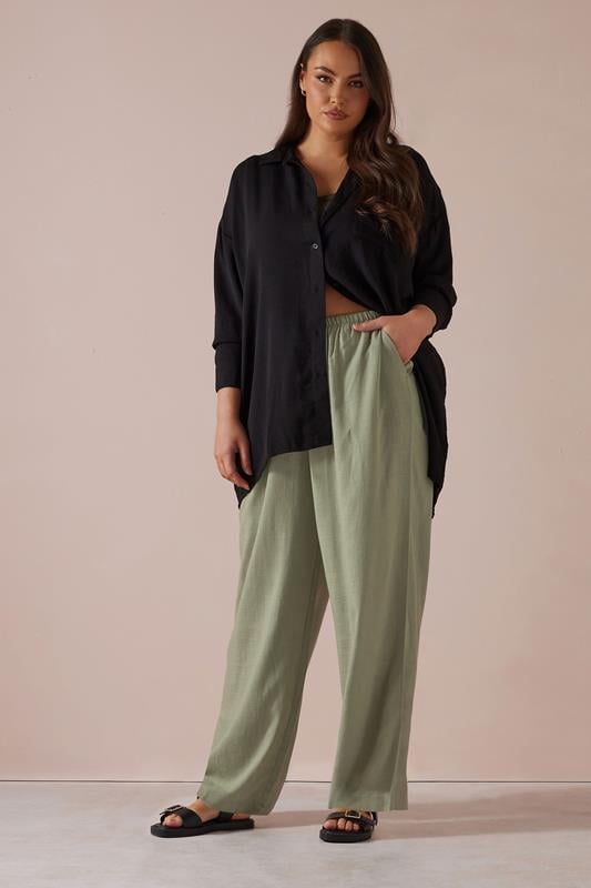 YOURS Plus Size Olive Green Linen Tie Front Trousers | Yours Clothing 2