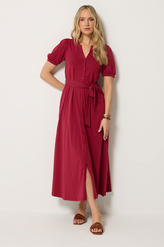 LTS Tall Berry Red Button Belted Cotton Midi Dress
