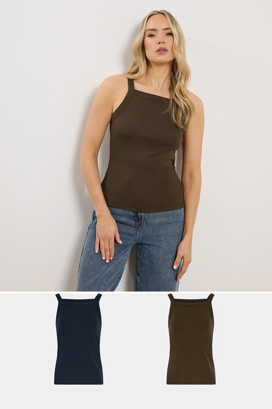 LTS Tall 2 PACK Navy Blue & Brown High Neck Vest Tops