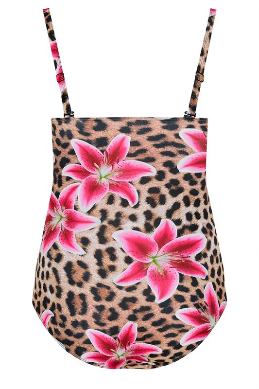 YOURS Plus Size Brown Floral Leopard Tie Front Bandeau Swimsuit | Yours Clothing 9