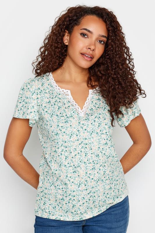M&Co Green Floral Print Lace Trim T-Shirt | M&Co 1