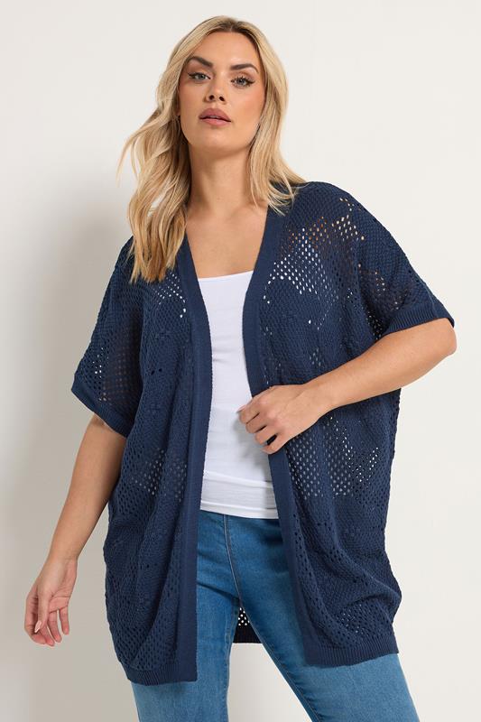 YOURS Curve Navy Blue Pointelle Floral Cardigan