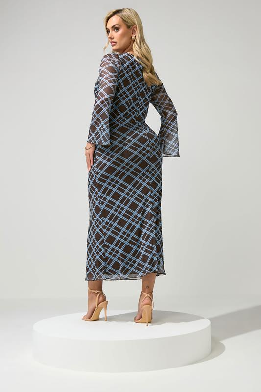 YOURS LONDON Plus Size Chocolate Brown & Blue Checked Mesh Dress | Yours Clothing 2