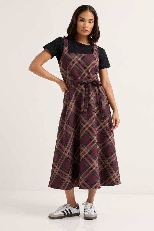 PixieGirl Petite Women's Burgundy Red Check Pinafore Midi Dress | PixieGirl 2